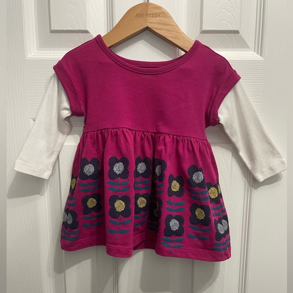 Tea Collection Girls Baby Layered Long Sleeve Dress Floral Fuchsia 3M - 6M EUC!
